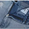 メンズパンツメンズレターパッチデニムジーンズストリートウェアホールリッピングエンチリー洗浄して古いズボンを作るライトブルースキニーテーパーズボンを作る