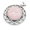 Charmes 40x40 mm en alliage rond Pendant Natural Stone Crystal Rose Quartz Opal pour les fournitures de fabrication de bijoux
