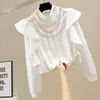 Blouses pour femmes mode plissée 3D Cousage à volants Blanc White Industry Industry Perbe Sweet Long Sleeve Doll Collar Blouse