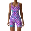 Damen Badebode Womens 3D Fish Scale Print Bodysuit ärmellose Shorts Badeanzug Surfen ein Stück Badeanzug Training Jumpsuit