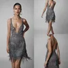 Berta 2021 Sexiga cocktailklänningar Tassel Short Spaghetti V Neck Backless Pärlade promklänningar Illusion Luxury Formell aftonklänning 2198