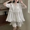 Vêtements à domicile Simple Sweet Solid Princess Sleeve Colon V-Neck Summer Pyjama Set Femmes Real Price Foliness Lace Lace Loose