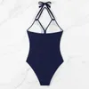 Damen Bikini Badeanzug Ein Stück Festkörpernetz hoher Taillenhalsgurt Open Rücken Ankunft Sommer Beach Badebekleidung schnell trocken 240513