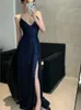 Frauen Rückenless Vneck Split Maxi Kleid sexy schlankes Abendkleid Luxuskleider Mode Robe Geburtstagsfeier Frühling Herbst 240424