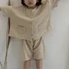 Summer Children Cotton Linen Clothes Set Solid Boys Casual Short Sleeve Shirts Shorts 2pcs Suit Kids Baby Outfits 240512