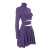 ワークドレス堅実な女性リブ付きニット衣装模擬ネッククロス包帯長袖のクロップトップAラインプリーツスカートカジュアルストリートウェア
