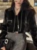 Черная укороченная кожаная куртка женская уличная одежда мотоцикл байкер -молния