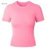 女性用TシャツB36D女性ファッション半袖プルオーバーベーシックタイトなクロップトップソリッドカラーラウンドネックカジュアルボディコンピットトレーニングTシャツ