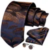 Neck Tie Set 8cm Fashion Gold Feather Print Mens Silk Ties Handkerchief Cufflinks Set Business Party Necktie Gravatas Gift For Men