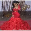 Aso Ebi Style Red Prom Dresses Two Piece 3D Rose Flowers for Women Party Wear Backless Dubai Long Sleeve Formal Evening Gowns Custom 230F