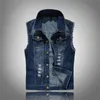 Mens Highgrade Brand denim Vest Cotton Casual Jacket ärmlös väst 80 -tal Jean Top Coat Ripped Male Cowboy 240509