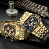 Нарученные часы роскошная мужская стальная полоса выдолблена с золотыми часами.