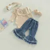 Conjuntos de roupas 2022-10-28 Lioraitiin 0-24M Childrens and Girls 2pcs Calças com mangas redondas de mangas redondas de mangas compridas Top Top Denim Bell Bottom Bandl240513