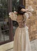 ヴィンテージエレガントなプリントフローラルドレス女性秋のカジュアルイブニングパーティーMIDI女性パフスリーブ韓国妖精240424