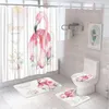 Shower Curtains Flamingo Curtain Bath Mat Set Animal Blue Flower Couple Bathroom Screen Toilet Lid Cover Anti-slip Carpet Flannel Rug Pad