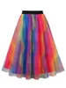 Skirts Tonval Vintage Multicolor Mesh Overlay Rainbow Long For Women 2024 Elastic Waist Pleated Casual Skirt