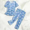 Women's Two Piece Pants Women Silky Pajamas Print Set With V Neck Wide Leg 2 Mother Grandmother Sleepwear For