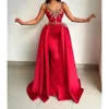2024 Sexy Dresses Wear Dark Red Crystal Beads Satin Overskirts Mermaid Spaghetti Straps Prom Evening Gowns Detachable Train 0513
