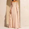 Runway jurken elegante champagne zeemeermin cape mouwen avondjurken Arabische kristal kristallen veer chiffon jurken voor vrouwen prom