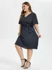 Plus size jurken plus formaat kleding elegante jurk vrouwen hoge taille v nek zacht vlinder slve wrap zoom riem casual korte slve midi jurk y240510