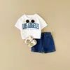 Ensembles de vêtements 0-3 ans nouveaux ensembles d'été nouveau-nés Vêtements préscolaire lettre imprimée t-shirt à manches courtes + shorts en denim garçons et filles décontractées 2pcsl2405