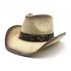 Vintage Retro Khaki Leather Band Belt Hollowed Out Women Men Straw Wide Brim Beach Cowboy Cowgirl Western Sun Hat
