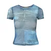 Camisetas para mujeres ynekye denim estampado azul strech camiseta de malla de malla o cuello manga corta delgada top de verano camisetas