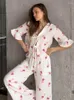 Vêtements à domicile Hiloc Cotton Femmes Leopard Pyjama imprimé deux pièces Costumes Tops à lacets et jambes larges Pantalons Ladies Homewear 2024 Cauvre