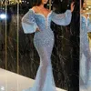 高品質のマーメイドイブニングドレス本物の写真豪華な重いパールスパンコールドレスアビティダセリモニアダーラフォーマルロングスリーブ186D
