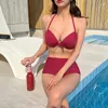 Frauen Badebekleidung hoher Taille Bikini Set Solid zweiteiler Badeanzug Frauen offener Rücken rotes Strand tragen sexy hängende Hals Badeanzug Frauen