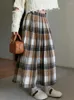 Jupes Qiukichonson Femmes Plaid en laine Plaid automne d'hiver Angleterre style vintage haute taille zip a-line plissée à mi-jupe longue