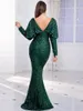 Casual Dresses Long Batwing Sleeve Stretch Sequined Prom Dress V Neck Backless Floor Length Evening Night Party Gown Blue Green