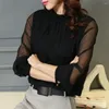 Women's Blouses Perspective Net Mesh Sleeve Women Chiffon Shirt Elegant Ruffle Collar See Through Back Button Office Lady Casual