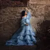 マタニティの女性イブニングドレス青いフリルのレースガウンフォトショートブドーランジェリーチュールローブバスローブナイトウェアベビードールローブ280W