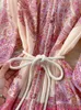 Autumn Holiday Pink Maxi Dress Women Clothing Turleeck Long Lantern Sleeve Flower Retro Print Belted Szyfonowy luz luźne vestidos 240512