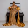 Aso Ebi 2024 Gold Mermaid Prom Promes Beaded Sequined Кружевные вечерние вечеринка Формальное второе прием затягивает платья Prom Ladress LF017