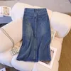 Jupes vintage denim jupe femme printemps automne hautes pèches de taille bleu noir solide divisé midi long