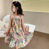 Girl's Dresses Girls Korean Summer Dress Party Dress Fashionable and Cute Dress Skin Friendly and Breathable 3-8T Flower Printed Sleeveless Dressl240513