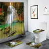 Shower Curtains Forest Waterfall Scenery Curtain Pink Flowers Green Plants Swan Landscape Bathroom Decor Non-slip Rug Toilet Bath Mat Set