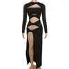 Casual Dresses Sexy Cut Out High Split Dress 2024 Fashion Elegant Long Sleeve Hollow Night Club Party for Women