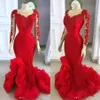 2022 Elegant Red Mermaid Evening Dresses Sheer Neckline Lace Appliques Long Sleeve Prom Dress Side Split Ruched Arabic Women Formal Occ 291D