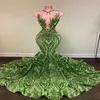 Sparkly Sequin Olive Green Mermaid African Promply 2021 Black Girls Long Draduation Plus Plus Formal Evening Gowns 287B