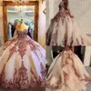 2021 Sexy Roségold Pailletten Quinceanera Ballkleid Kleider Schatz Pailletten Pailletten Spitzen von Schulterkristall süß 16 Korsett Rückenparty Prom 315r