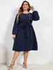 Plus size jurken plus size lange slves dames jurk mode massieve voorste knoppen losse casual schroef nek raad taille gordel feestjurken zomert je jurk y240510