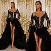 Arabo nero arabo vintage aso ebi abiti da ballo a maniche lunghe in pizzo in rilievo a bassa celebrità abiti da sera sexy coscia sexy scissione grafo di livelli a livello Skir 240s