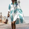 Lässige Kleider Frühlingssommer Kleid Frauen Resortstil Blattdruck Urlaub Strand Cover-up für lose Särme Hemdtyp