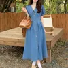 Vestidos de festa estilo francês de manga curta Spring Spring Summer Summer Solid Cor Solid Length A-Line Jean Dress Women Women Women