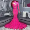 2024 Sexy Prom Dresses Fuchsia Sequined Lace High Neck Mermaid One Shoulder Long Sleeves Sheer Illusion Sequins African Plus Size Floor Length Evening Gowns 0513