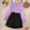 Clothing Sets Girls' Spring Dress Set 2024 European And American Lace Splicing Polka Dot Long Sleeved Top Short Skirt Children's We