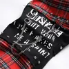 Mens Scotland Red Plaid Tartan Patchwork Jeans Punk Rivet Patch Black Denim Pants Skull Letters Printed Slim Straight Byxor 240430